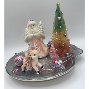 Vintage Pink Old World Santa Pink Reindeer Candy Cane Bottle Brush Tree OOAK